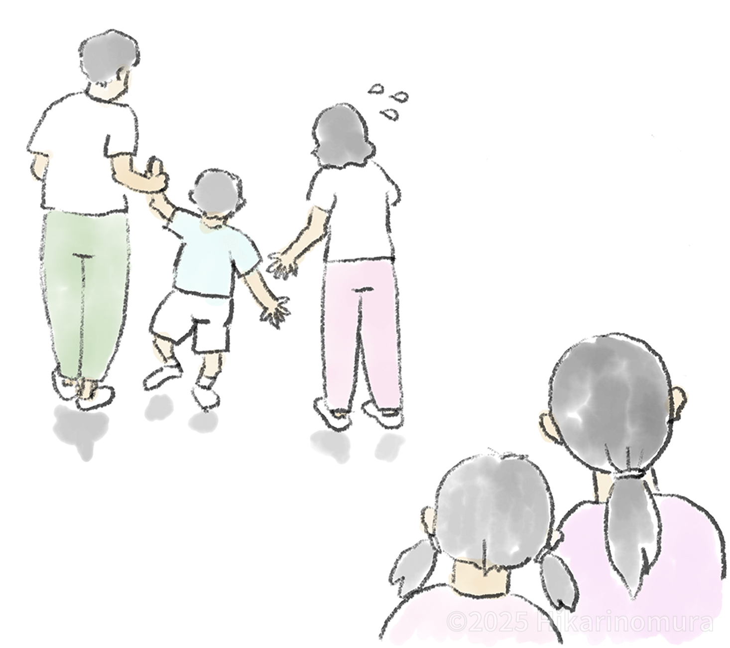 両親を独り占めするエイイチ君を、姉妹二人が寂しそうに眺めています