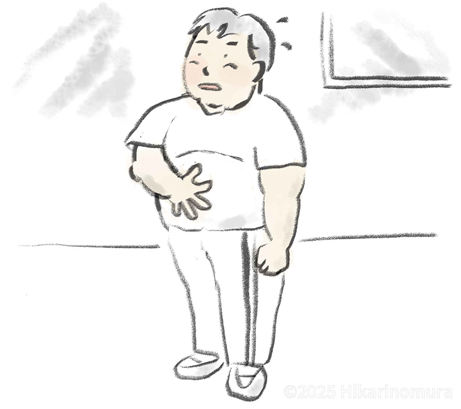 肥満体型のエイイチ君がお腹を触って立っています