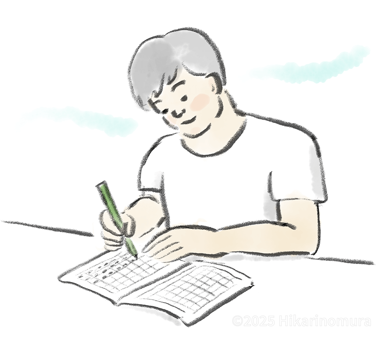 落ち着いた様子で日記を書いています