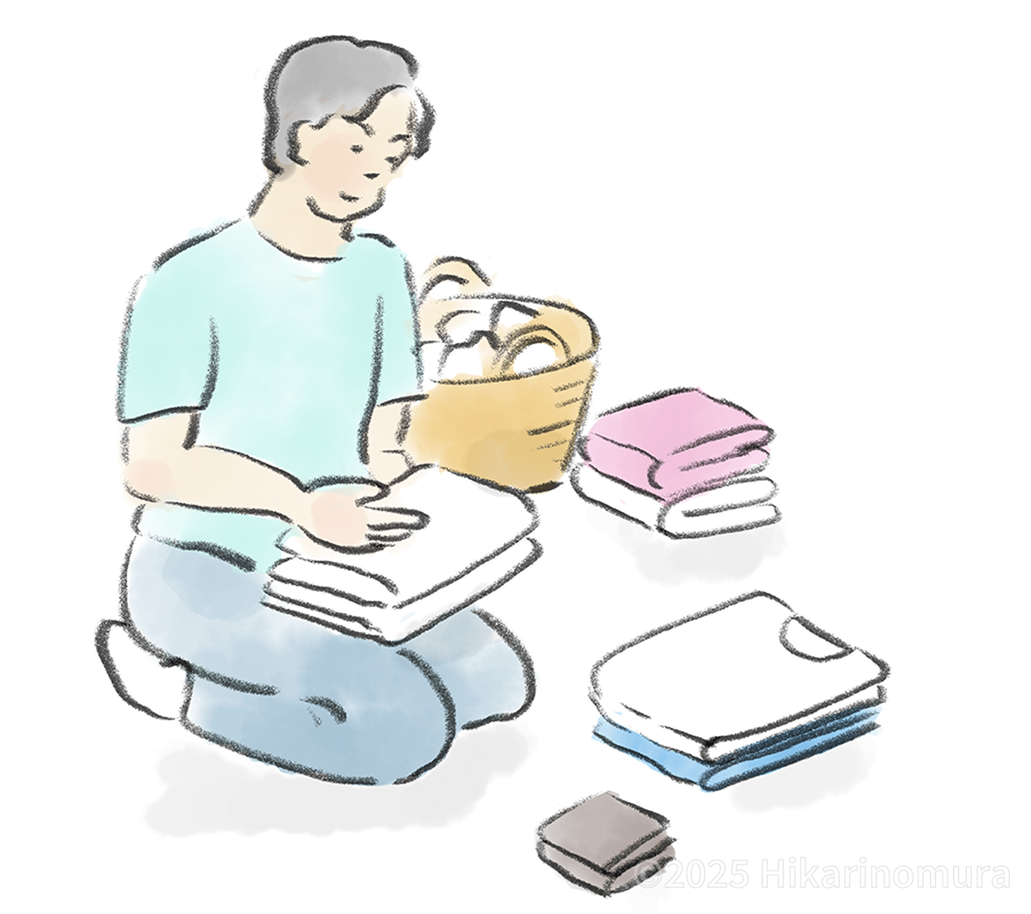 正座をして洗濯物をきれいに畳んでいます