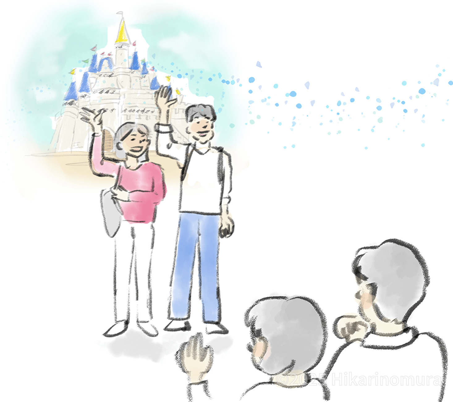 ディズニーランドに行くお姉さんとエイイチ君をご両親が手を振って見送ります