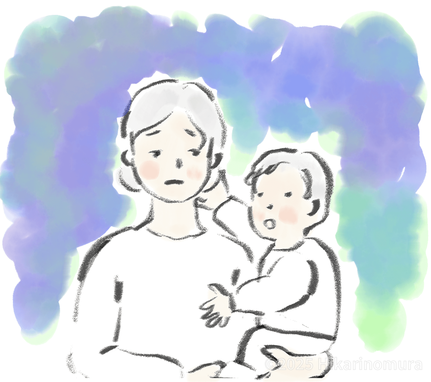 不安そうに幼いごろう君を抱っこするお母さん