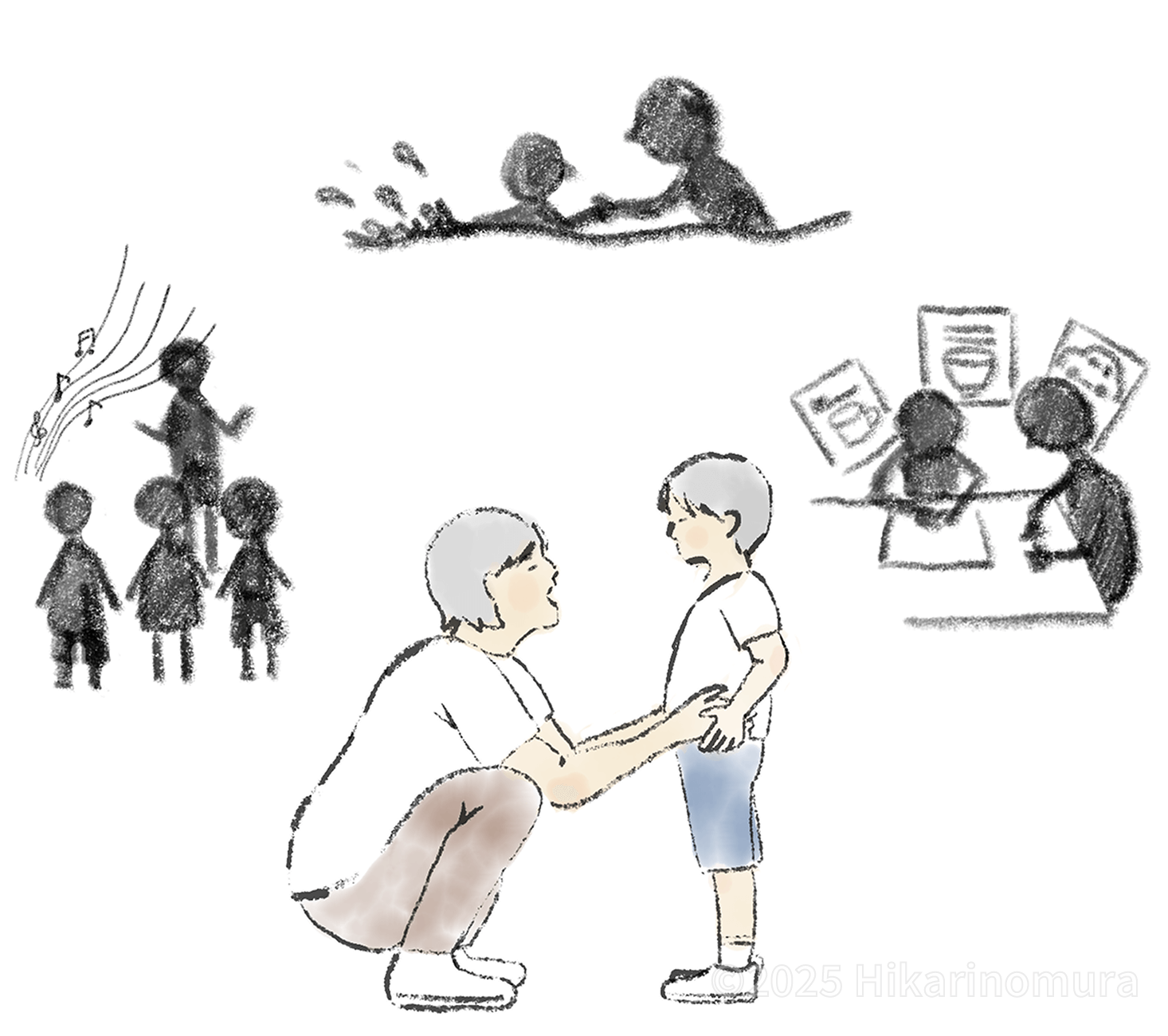 お母さんがしゃがんでごろう君に言い聞かせています