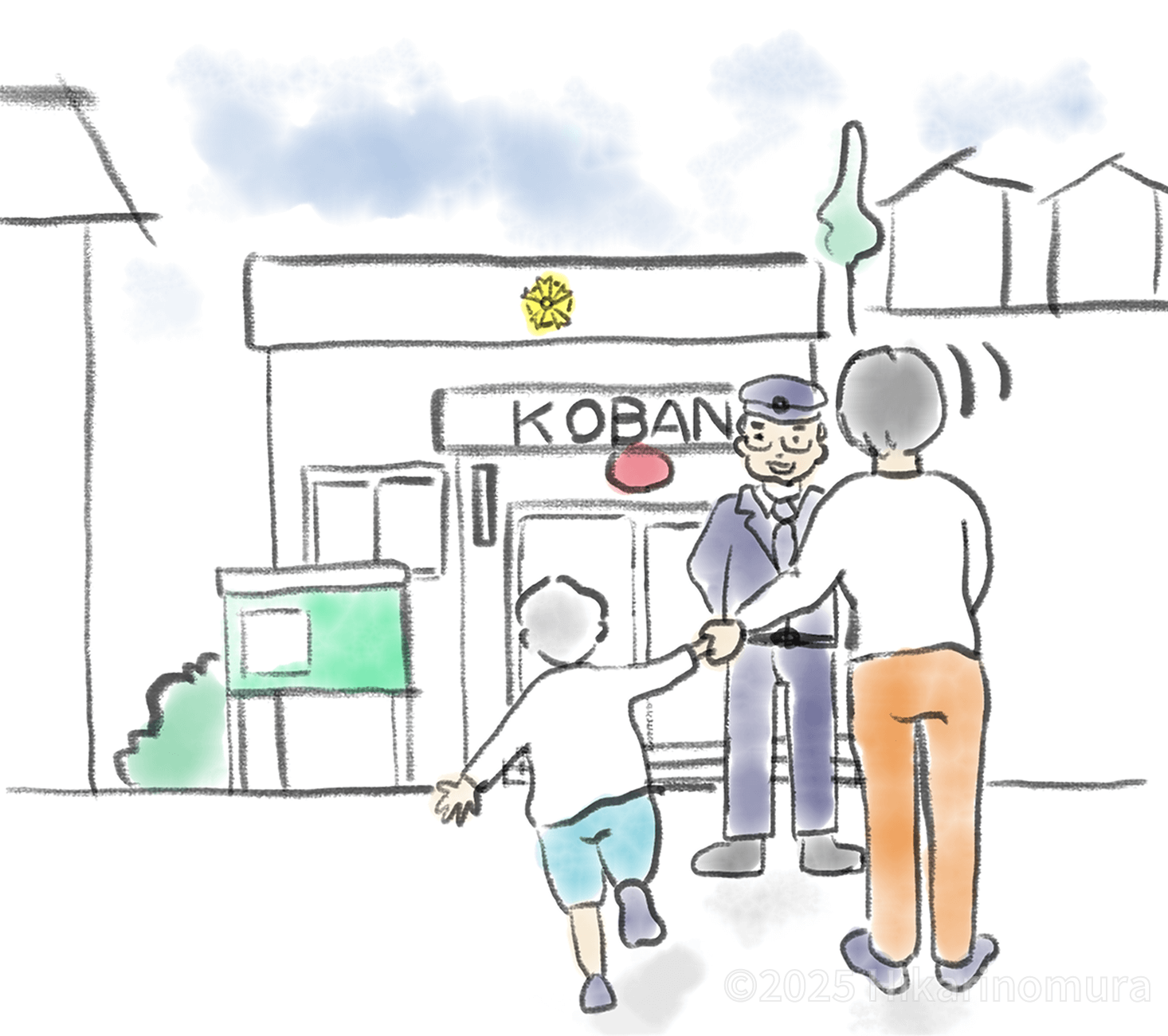 交番のお巡りさんにごろう君の事を話しています