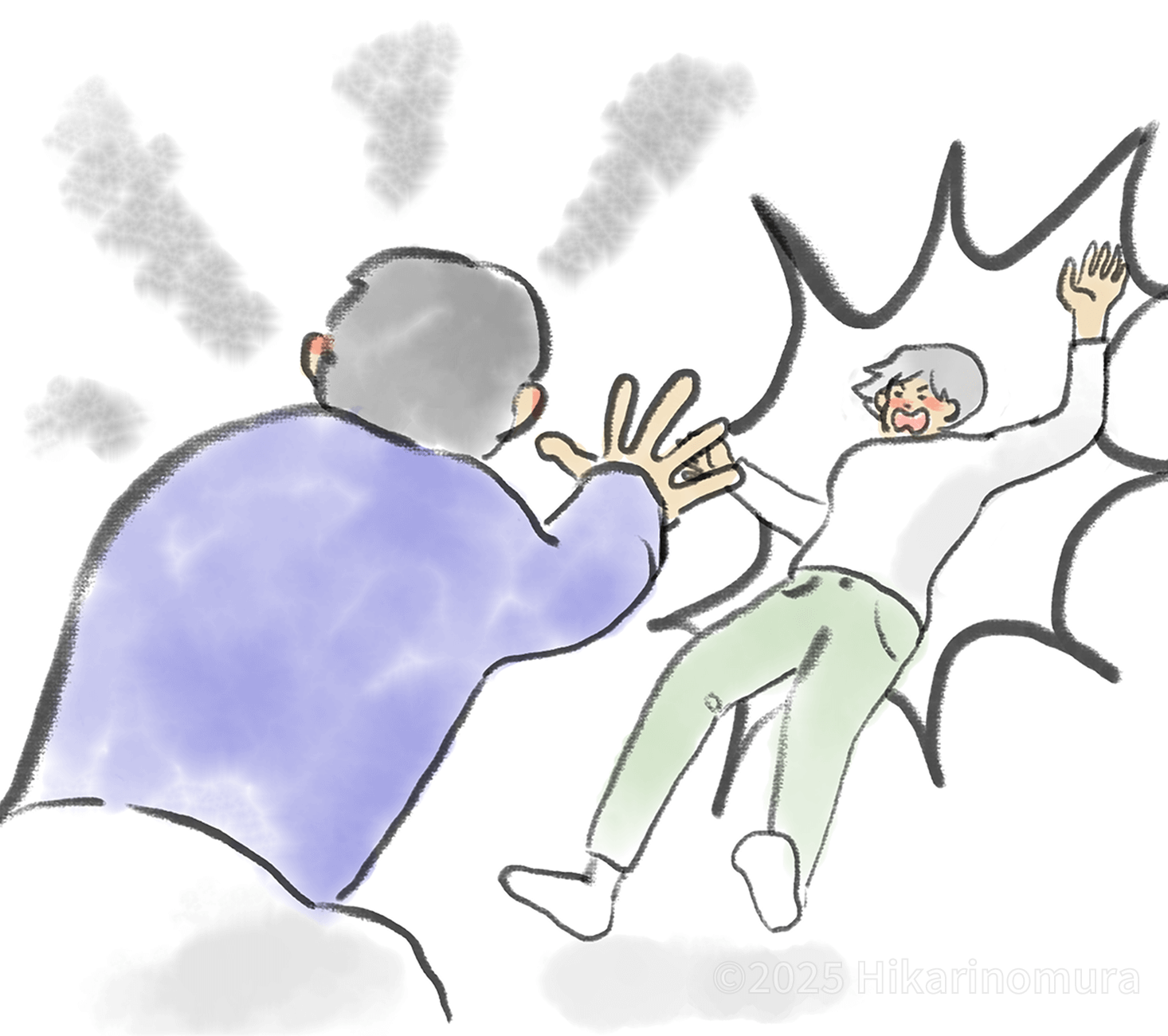 中学生のごろう君がお母さんを突き飛ばしています