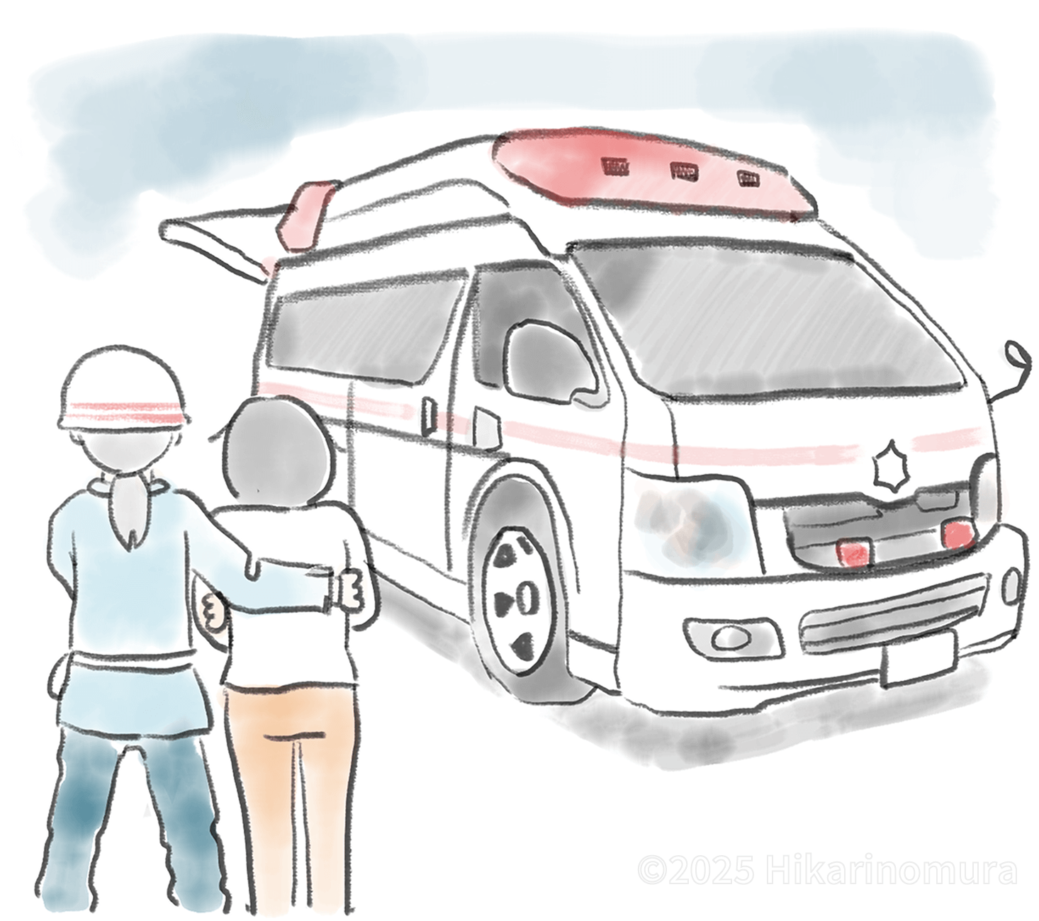 目に怪我を負ったお母さんが救急車に乗り込みます