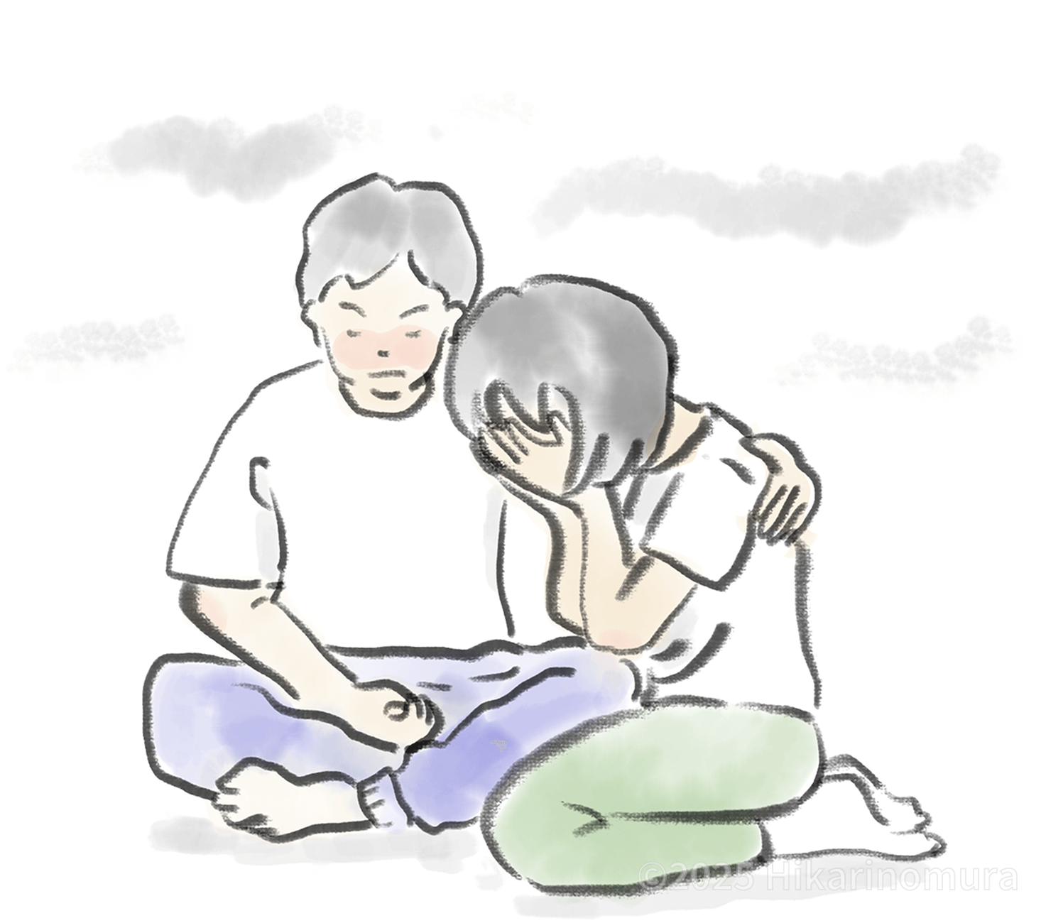 お母さんが泣きながらお父さんに訴え、お父さんがなだめています