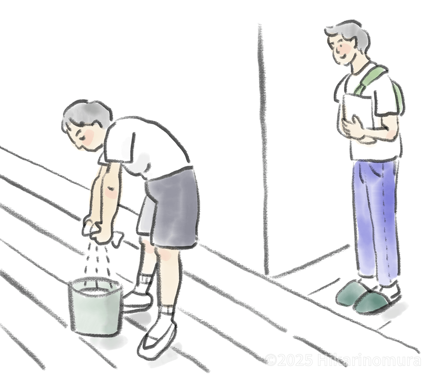 雑巾絞をするごろう君を、お兄ちゃんが優しく見守っています
