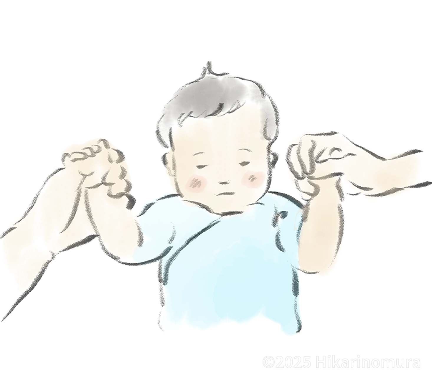赤ちゃんの時の可愛いタクヤ君を、優しくご両親が手を取り支えています