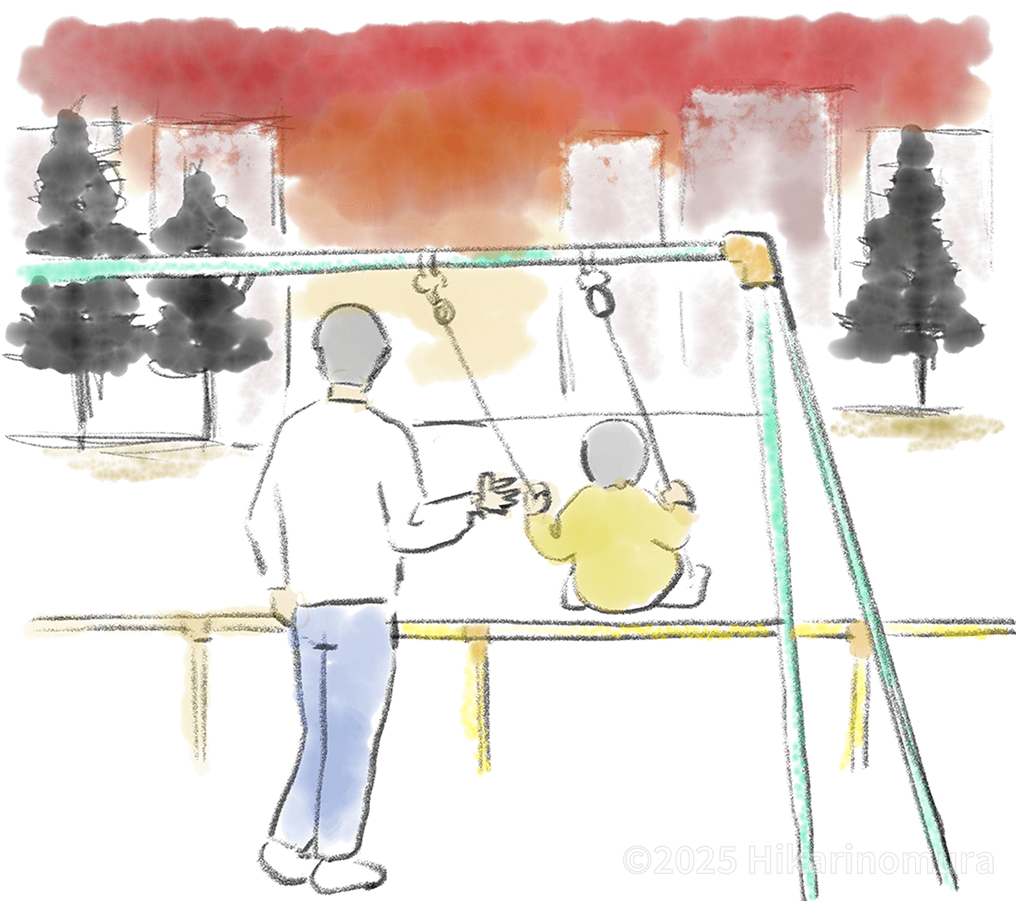 真っ赤な夕焼けを見ながら、ブランコで遊ぶタクヤ君を側でお父さんが支えています
