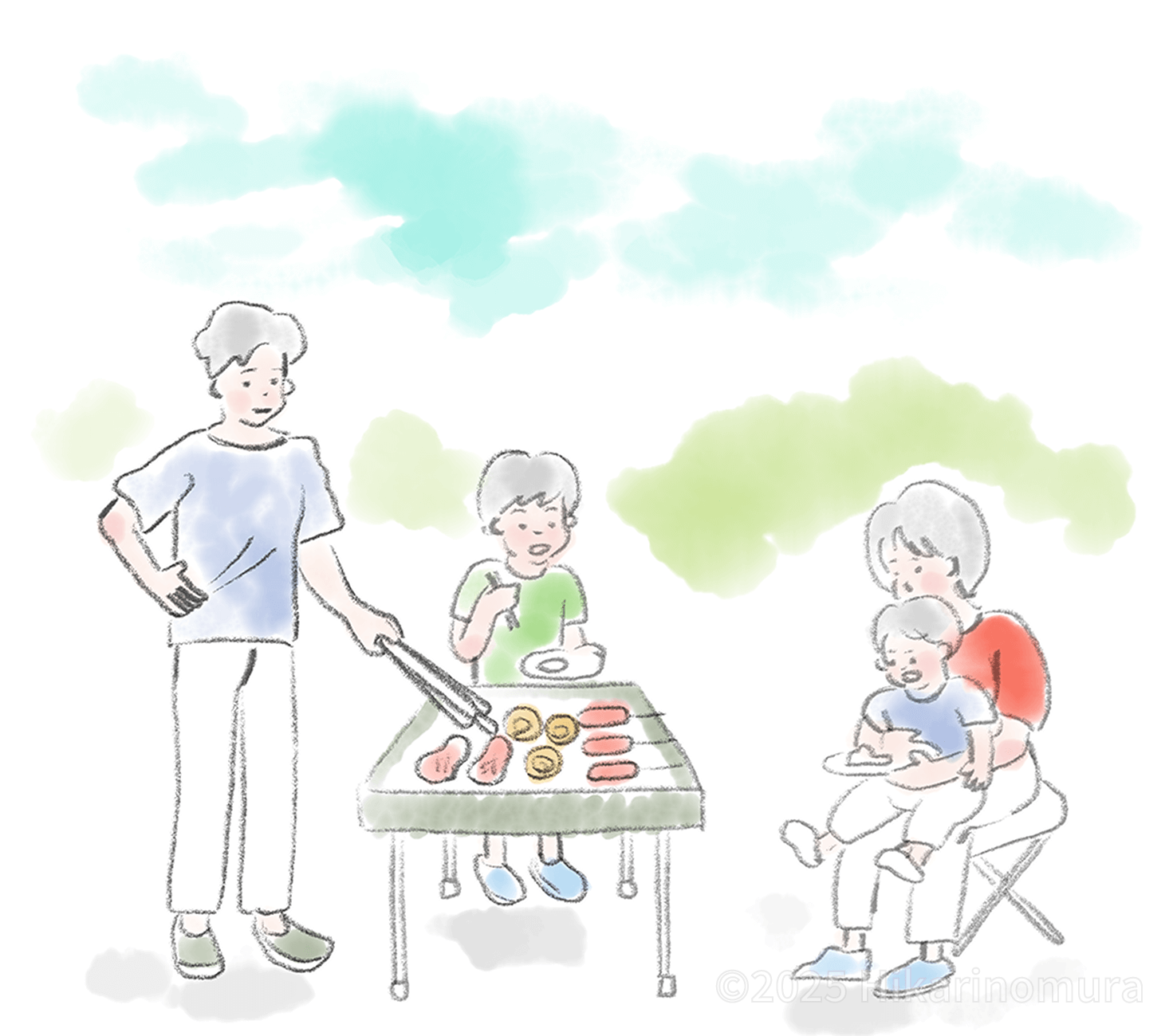 家族揃って屋外でBBQを楽しんでいます