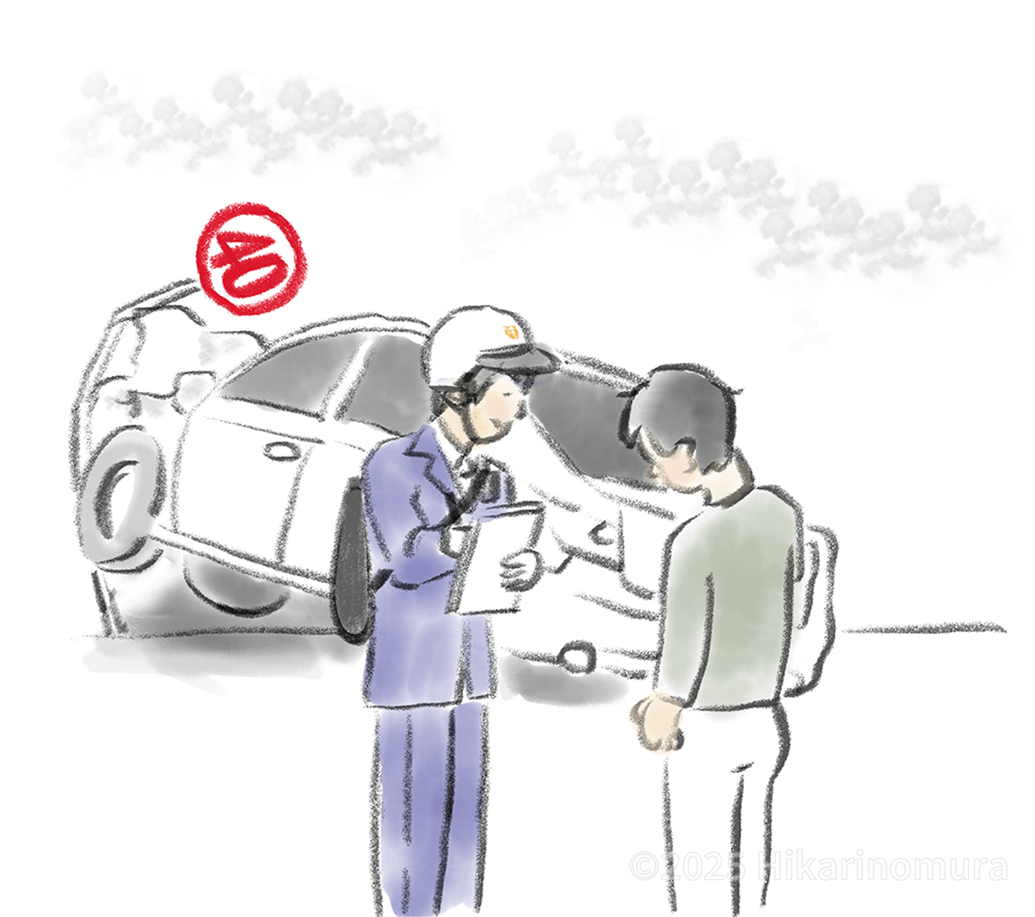 交通事故を起こして標識に車が激突し、警察官から取り調べを受けています