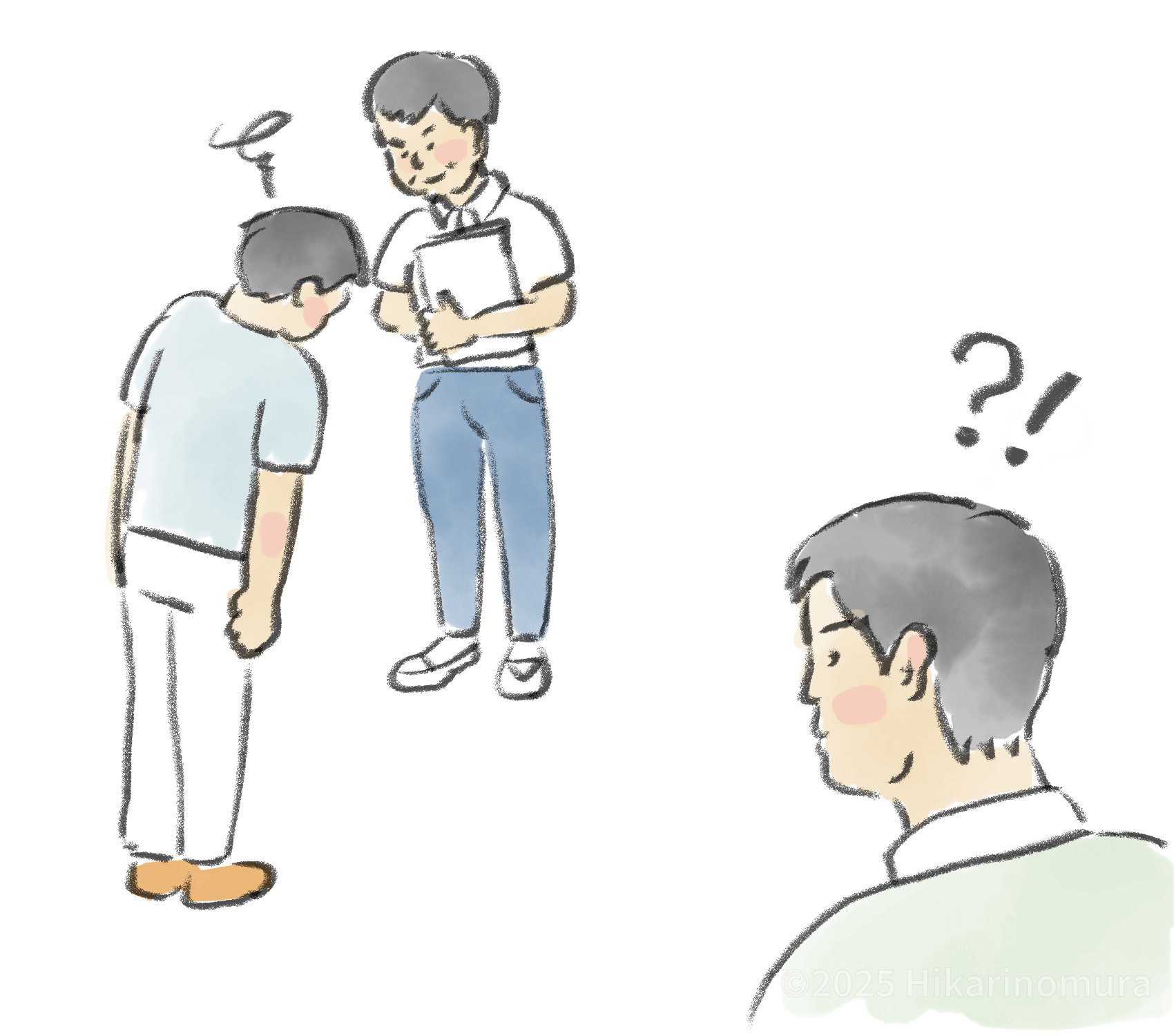 タクヤ君が園の職員から注意を受け、それを素直に聞き入れている様子にお父さんが驚いています