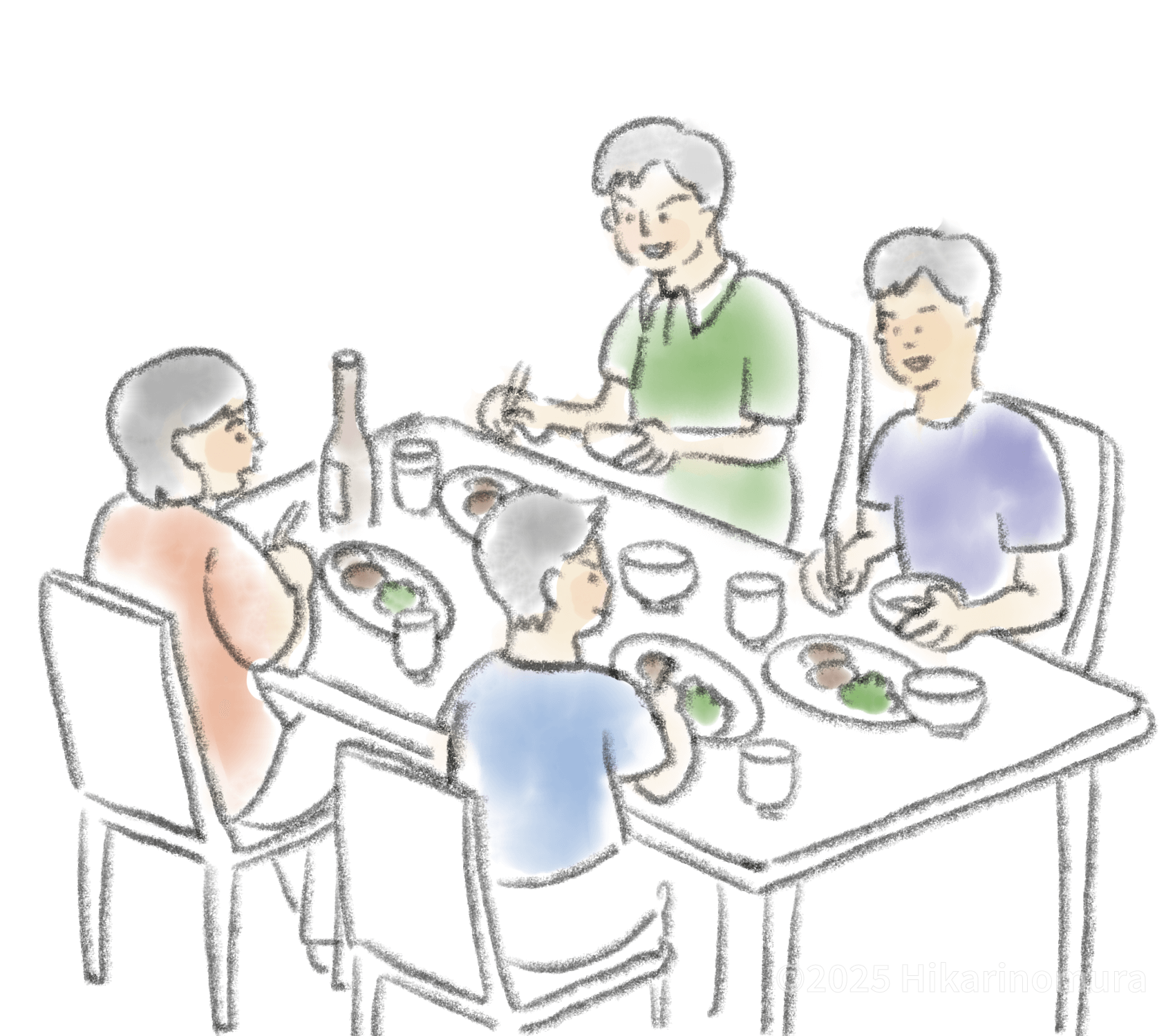 家族全員で夕食を楽しく食べています。